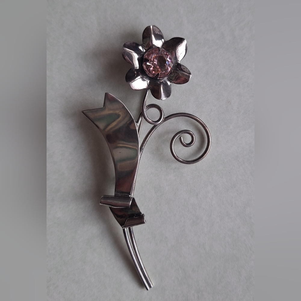 Big Sterling Silver Flower Brooch Pink Faceted Gemstone Large Vintage Coat Pin